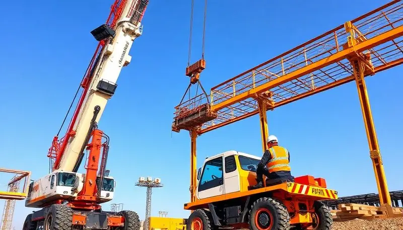 Professional crane operator observing a heavy lift on a busy construction site, highlighting efficiency.