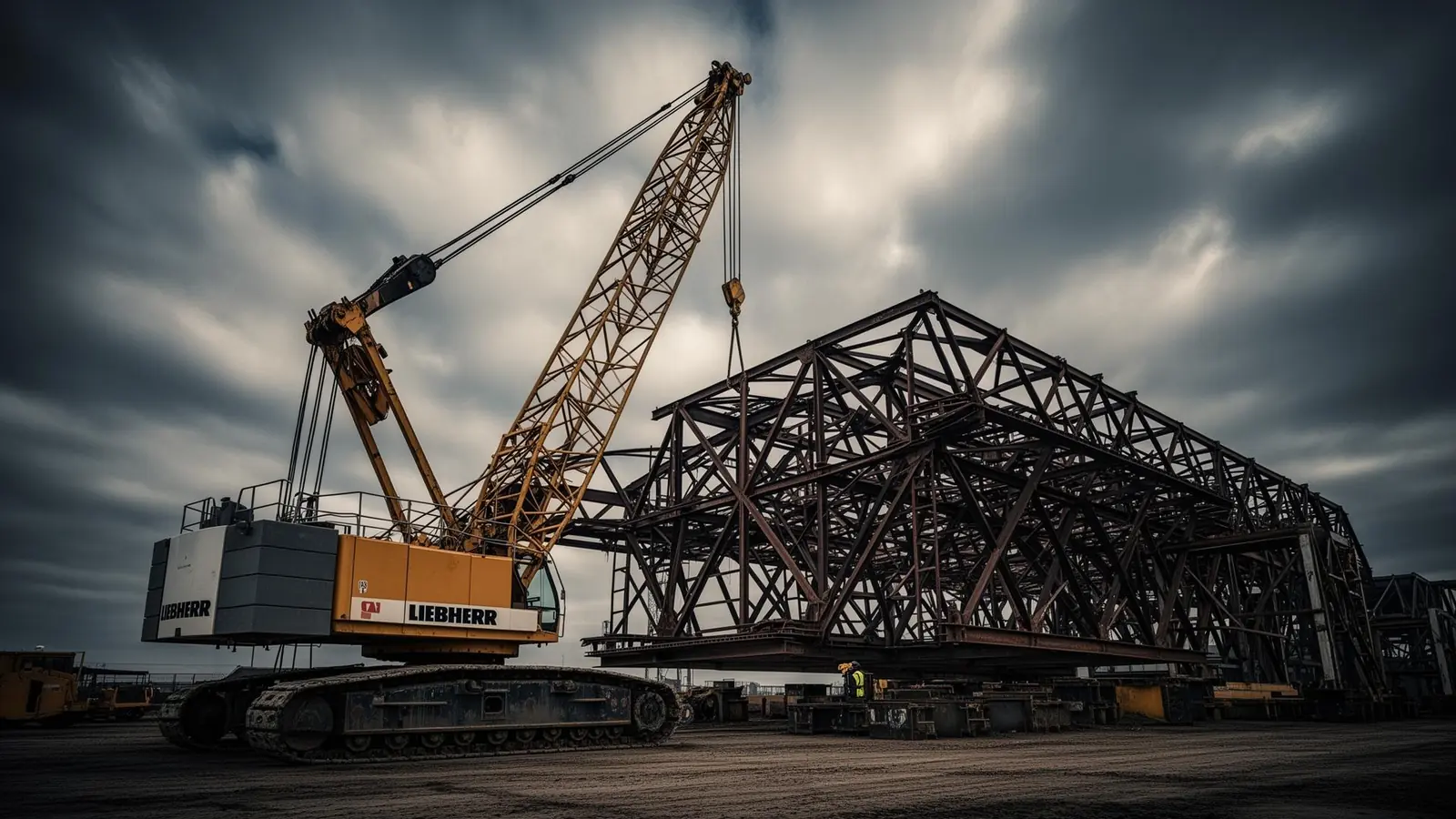 LIEBHERR crawler crane with lattice boom lifting steel structure