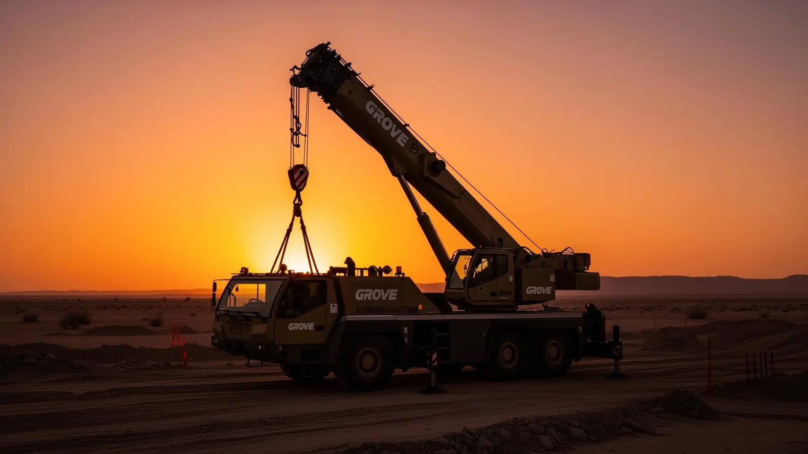 GROVE rough terrain crane at desert site sunset