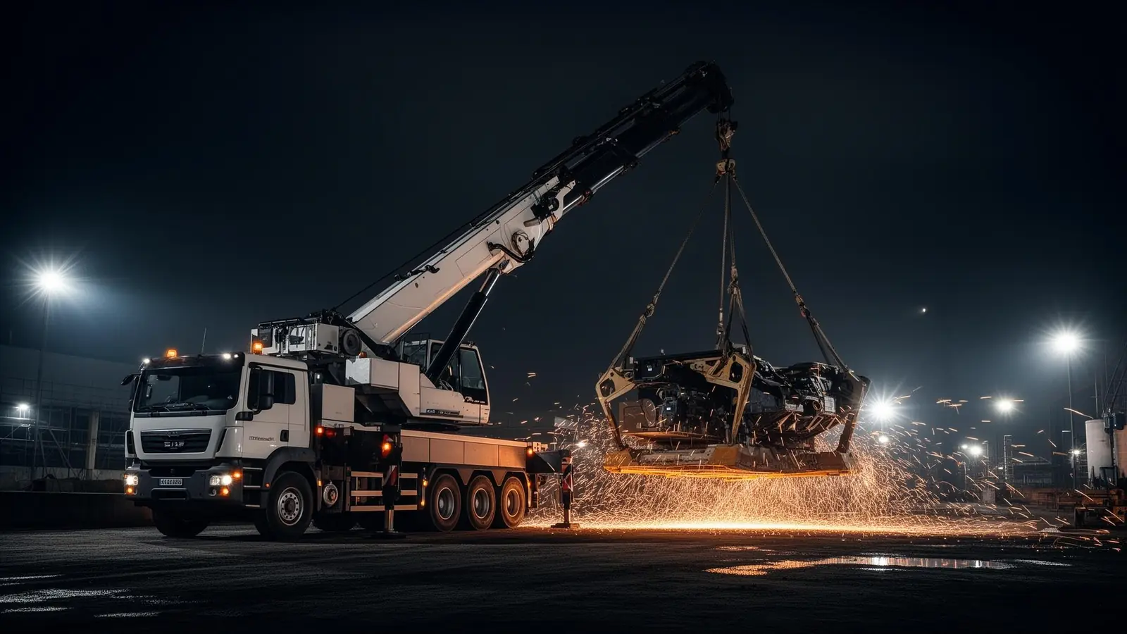 Truck-mounted hydraulic crane lifting heavy equipment at night